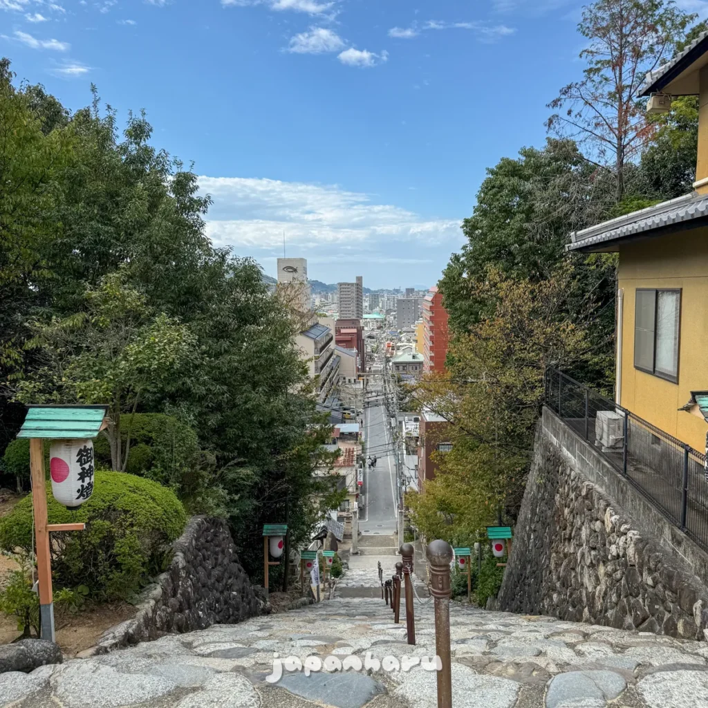 마쓰야마 이사니와 신사, 쭉 뻗은 길이 한 눈에 보이는 가파른 계단 위의 신사